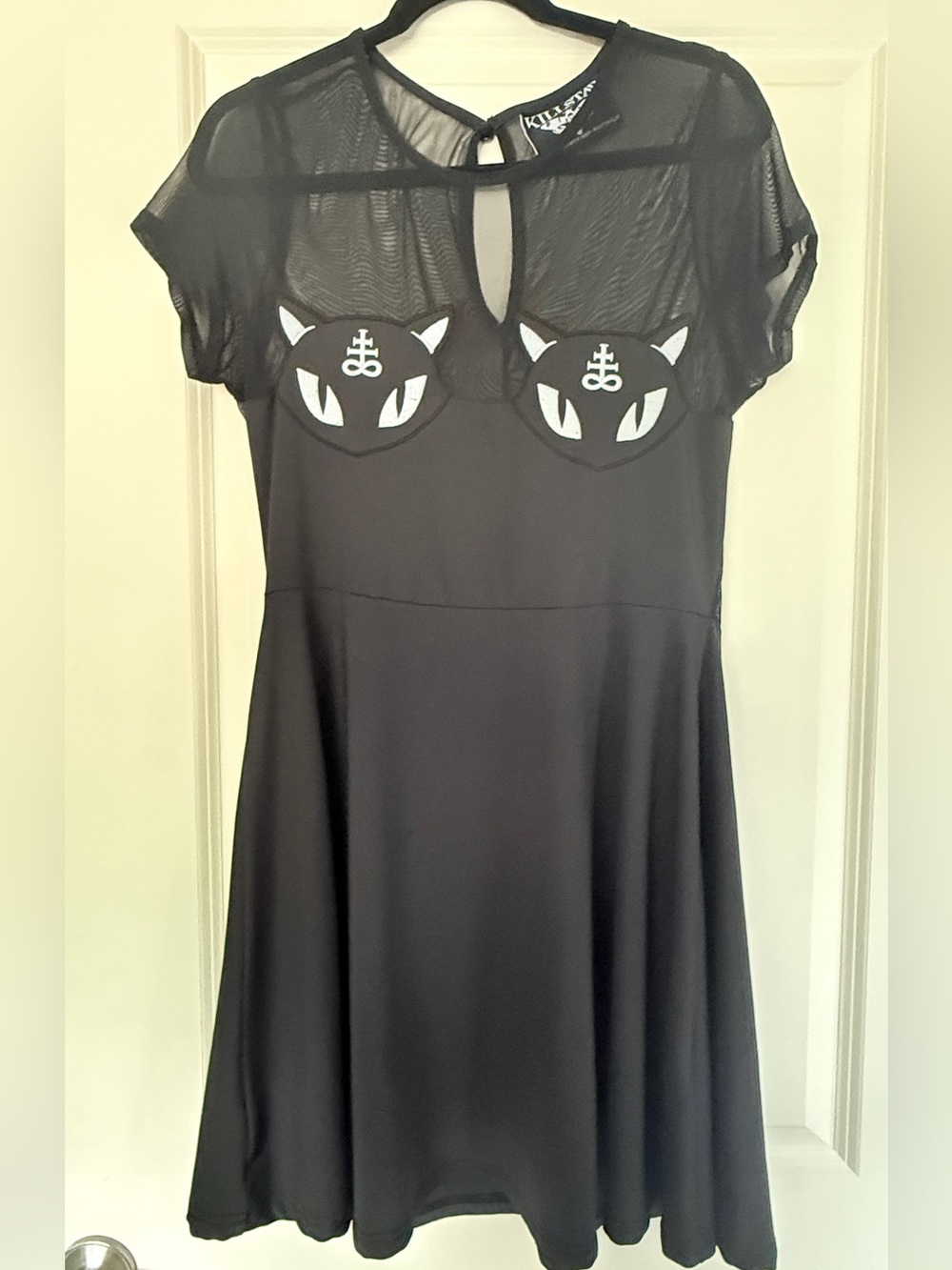 Killstar Black Mesh Kitty Appliqué Midi Dress